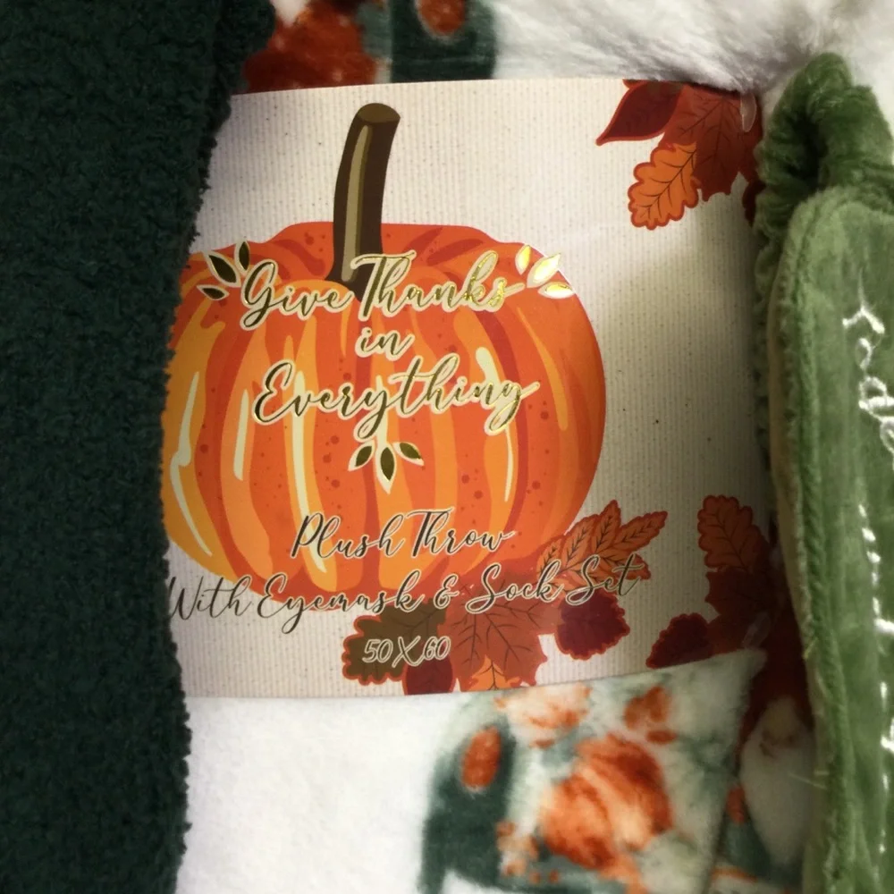 Throw Eyemask Socks White Green Fall Trucks Gnomes “Give Thanks in Everything”